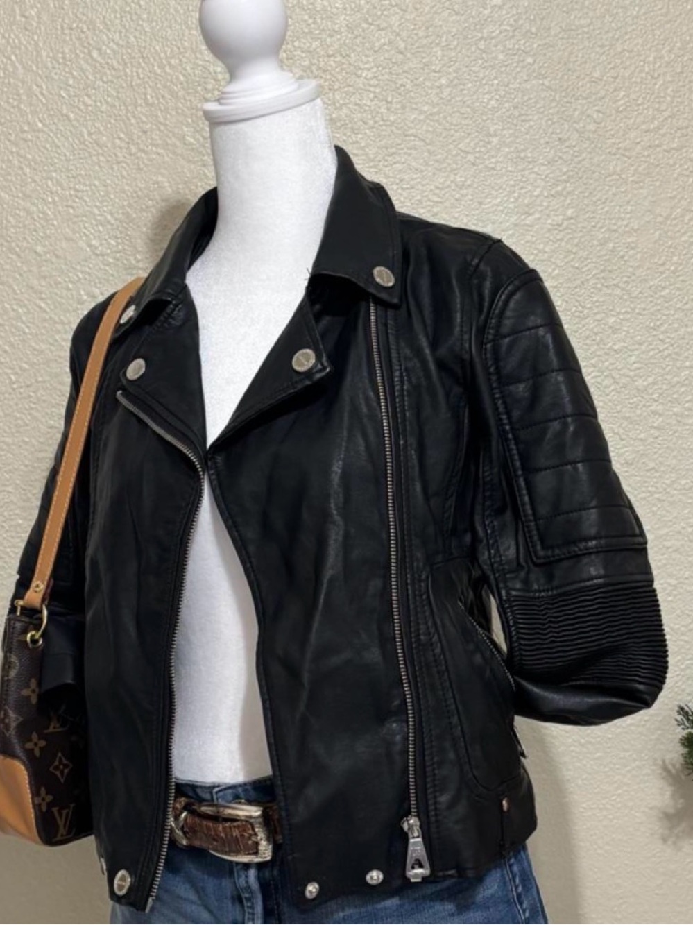 Urban Republic Black Leather Moto Jacket with Quilted Sleeve Details